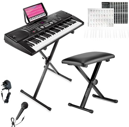 Crystals 61-Key Digital Keyboard Piano Set for Beginners with Adjustable Keyboard Stand, Padded Piano Stool & Microphone – LCD Display, 128 Timbres & Rhythms, Record Mode, Headphone Jack - Black