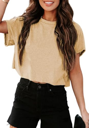 Tankaneo Crop Tops da donna oversize, top sportivi, magliette cropped, girocollo, larghe, che lasciano scoperta la pancia, top estivi, magliette corte., cachi, M