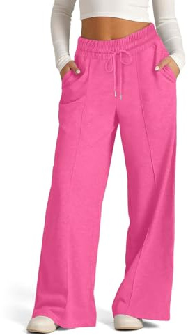 EIRUKON Pantalon Chandal Mujer Anchos Pantalon Deporte de Jogger Pantalones Elásticos de Cintura Alta con Cordón y Bolsillos Suaves Ligeros Pantalón,Rosa Brillante,XL