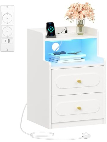 HEXCELEN Table de Chevet avec Lumière LED et Multiprise, Blanc | Table de Nuit avec 2 Tiroirs et 1 Compartiment Ouvert, Tables d'appoint avec Rangement, pour Chambre à Coucher, Salon