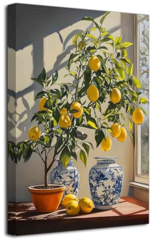 ZXHYWYM Lemon Wall Art Lemon Pictures for Kitchen Yellow and Blue Kitchen Decor Summer Citrus Fruit Canvas Prints Windows Painting Rustic Farmhouse Decor (30L x 45W cm)