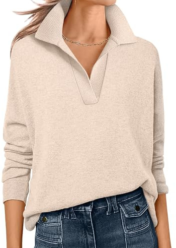 ANRABESS Womens Polo V Neck Long Sleeve Sweaters Lightweight Dressy Casual Business Basic Knit Pullover Top 2026 Fall Outfits Almond Medium