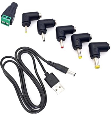 JZK USB to DC power cable, 1M USB charger cable with 5.5 X 2.1mm connector plug power cord adapter, with 5x right angled barrel jack 5.5 x 2.5mm, 4.0 x 1.7mm, 3.5 x 1.35mm, 3.0 x 1.1mm, 2.5 x 0.7mm