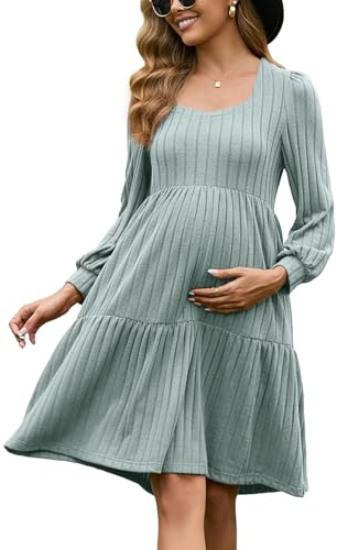 GINKANA Damen Umstandspulloverkleid, quadratischer Ausschnitt, langärmelig, Herbst, lässig, Schwangerschaft, Babydoll, Strickkleid mit Tasche, Grau / Grün, Groß