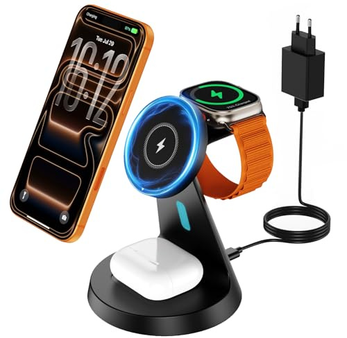 JoyGeek 3‑in‑1 Magnetische Induktive Ladestation, Kabelloses Ladegerät mit starkem Magnet für iPhone 17/16/15/14/13, Apple Watch Ultra/SE/11‑2 & AirPods Pro/4/3/2, Schnellladung für Nachttisch & Büro
