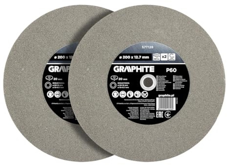 GRAPHITE Schleifscheibe, 200 mm x 16 mm, Körnung P60, 2er Set, Inkl. Reduzierhülsen, 12,7 mm Bohrung, Für Tischschleifer, 3350 U/min Metallbearbeitung & Werkzeugschärfen