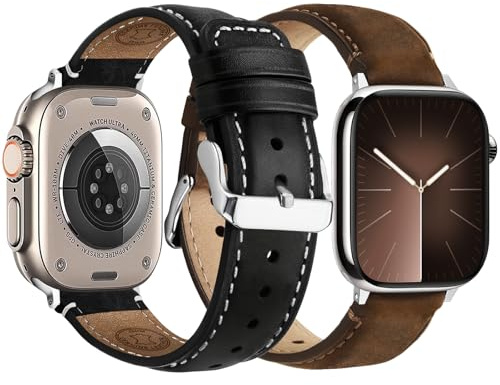 Fullmosa 2 stycken läderarmband kompatibla med Apple Watch armband Ultra 3/2 49 mm, serie 11/10 46 mm, 9/8/7 45 mm, SE/6/5/4 44 mm, ergonomiskt äkta läder ersättningsarmband för iWatch män kvinnor