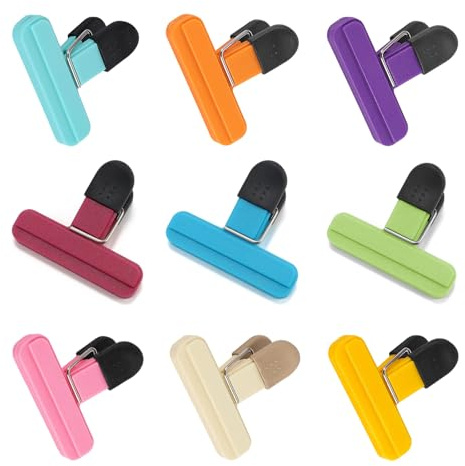Lovvknd Bag Clips for Food Storage 9 Pcs, 9 Colors Reusable Bag Sealing Clips, 3 x 2.5 Inch Freezer Kitchen Pegs for Bags, Chip, Cereal, Pet Food, Bread - Strong Grip Sealer Clamps