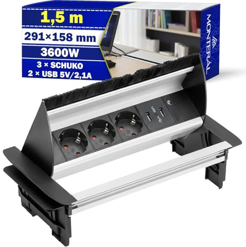 Enchufe Empotrable Mesa 291x158 mm con Cable Alimentación de 1,5 m | Regleta Empotrable 3 x Schuko y 2 x USB 5V/2,1A - Garantía de 10 Años - MONTERAL