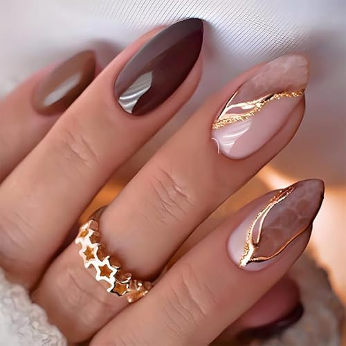 SUMINGGO 24Pcs Press on Nails Medium Almond - Fake Nails With Designs Full Cover With Glue Press ons Reusable Artificial Stick on Nails for Women(Brown and Gold Line)