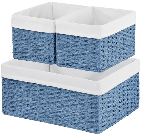 Vagusicc Wicker Basket, Set of 3 Rectangular Storage Gift Hamper Basket with Removable Fabric Lining, Storage Baskets for Shelves, Panty, Bathroom, Kitchen Storage & Organisation, Blue