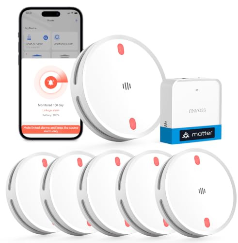 Meross Matter Detector de Humo con Hub MSH450, Alarma de Incendio WiFi | Notificaciones mediante App, alarma de incendio, compatible con Apple Home y Home Assistant, certificado EN14604, 6 kits