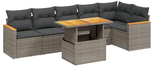 Foknhdi 7-TLG. Gartenmöbel Set Rattan Sofa Garnitur mit verstellbarem Tisch 100x55 cm Grau für Balkon Terrasse und Wintergarten