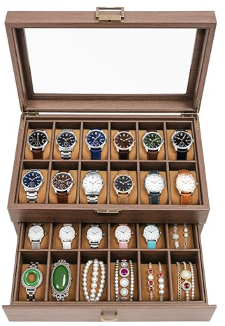 ZHDPYHDD Scatola per orologi con 24 scomparti | 2 livelli di venatura del legno | per orologi e gioielli a casa | per uomini e donne amanti degli orologi