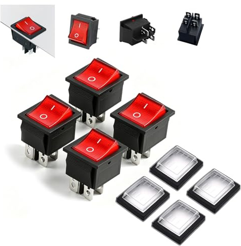 Cloxtralon Interrupteur à Bascule, 4 Pièces 4 Broches 2 Positions Interrupteur à Bascule Mini DPST AC 250V 16A 125V 20A, Étanche LED Éclairée pour Bateau, Rouge