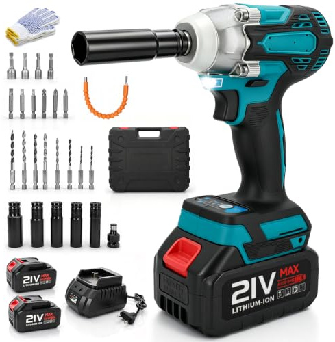Ykall Llave de Impacto Inalámbrica 1000Nm Auto-Stop 21V Sin Escobillas | Llave Impacto 1000Nm, Sin Escobillas, 2 Baterías 4000mAh, 3en1, Auto-Stop, Vasos 14-21mm, Brocas, Eje Flexible, Luz LED
