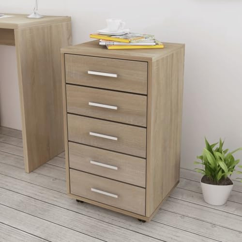 Traylux Commode de bureau sur roulettes couleur chêne avec 5 tiroirs, matériau en bois et MDF, 33 x 38 x 63 cm, poignées en aluminium, 4 roues avec 2 freins, bac à roulettes flexible pour bureau et