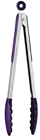 Premier Housewares Stainless Steel and Purple Silicone Tongs | Durable Heat-Resistant Kitchen Tongs with Scalloped Grips | Perfect for Cooking, Serving, and Everyday Use