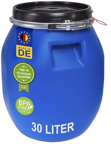 plasteo® 30 Liter Deckelfass mit Spannverschluss| Lebensmitteltauglich | Futtertonne | Luftdicht Verschließbar | Stapelbar und Palettengerecht | Stabile Griffmulden | Blau
