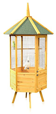 Melko Vogelvoliere XXL 6-Eck Vogelkäfig Vogelhaus aus Holz, 74 x 74 x 194 cm, braun