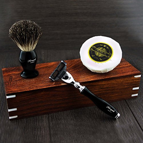 Haryali Sophist Collection, assemblato a mano, in scatola di legno, 3 Edge Razor, pennello da barba, sapone da barba - nero - Rasoio tasso ottima Idea regalo