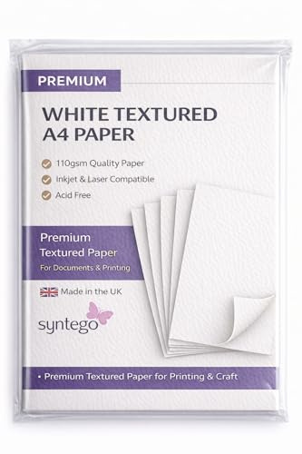 Syntego A4 50 ark vitt papper texturerat 110 gsm lämpligt för bläckstråleskrivare och vissa laserskrivare för korttillverkning, scrapbooking, restaurangmenyer, bröllop, certifikat