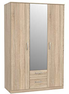 Kleiderschrank NIKO NIKS82, Schrank, 3 Türiger Drehtürenschrak, Universalschrank mit Kleiderstange, 1 Einlegeboden, Spiegel und 2 Schubkasten (Sonoma Eiche)