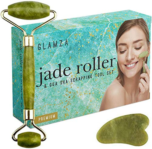 Jade Gesichtsroller - GLAMZA Doppelseitiger Gesichtsroller & Gua Sha Massagegerät - Stimuliert die Lymphdrainage, verbessert den Hautton und reduziert feine Linien und Falten