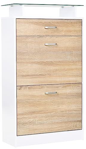 HOMCOM Armoire à Chaussures Meuble Rangement Chaussures 2 Portes abattantes 2 Compartiments, tiroir, Plateau en Verre - Bois chêne Blanc