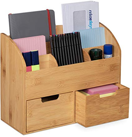Relaxdays Schreibtisch Organizer, 6 Fächer, 2 Schubladen, für Büroutensilien, Bambus, Briefablage, 26x33x13,5 cm, natur