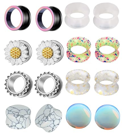 TIANCI FBYJS 8 Pairs Stainless Steel Ear Gauges Tunnels Plugs Flesh Expander Earring Silicone Glass Piercing Strecher Set for Women Men 2G-5/8 G 6mm