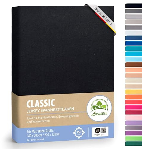 Boxspringbett & Wasserbett Spannbettlaken von leevitex® | Spannbetttuch | ÖKO-TEX | 180x200 – 200x220 cm | 100% Jersey-Baumwolle | 150 g/m² | 40 cm Steg | Schwarz
