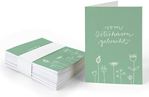 25 Geschenkanhänger - vom Osterhasen gebracht - Ostergrüße Grün Weiß mit Blumen, originelle Mini Osterkarten zum Ostergeschenke Beschriften, edel exklusiv individuell, A7 Recyclingpapier Klappkarten