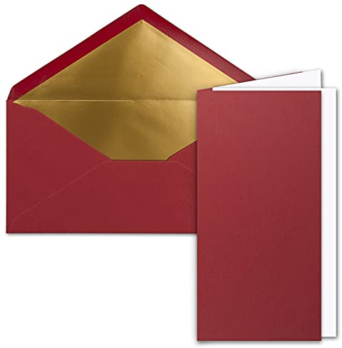 25x Faltkarten-Set DIN Lang inkl. Briefumschlägen mit goldenem Seidenfutter und weißen Einlegeblättern in Dunkelrot (Rot) - 10,5 x 21 cm - für Einladungen und Grußkarten