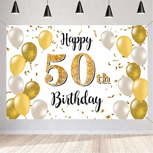 50. Geburtstag Deko für Männer/Damen, 50 Geburtstag Stoff Schild Plakat, 50. Jubiläumsparty Hintergrund Banner, Geburtstagsdeko Weiß und Gold, 1,5m