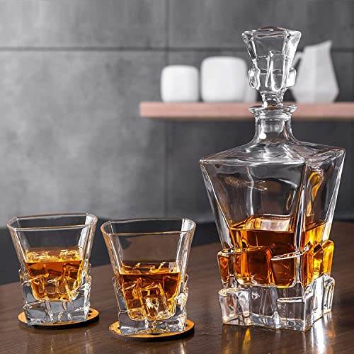 Whisky ICY Style Decanter and Glasses Set Premium Glass Whiskey Decanter 750ml with 2× 320ml Tasting Tumblers for Liquor or Scotch in a Gift Box