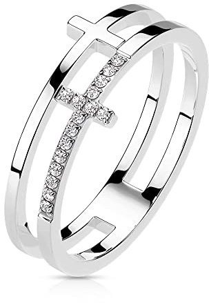 Treuheld® Doppelter Ring mit Kreuz und Kristallen | 3 Farben