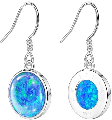KristLand Runde Opal Sterling Silber 925 Silber Ohrhänger Vergoldeter Ohrring mit Blauem Opal Geschenk für Frau Damen Mädchen