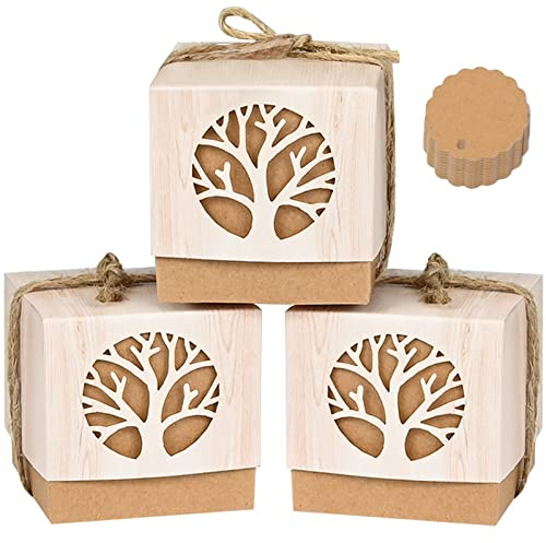 Ulikey Lot de 50 Boîtes à Dragées Baptême en Forme de Arbre de Vie, Boite Communion, Boîte Cadeau Mariage, Coffret Bonbons Baptême avec Corde de Chanvre et Étiquette pour Garçon Fille (Ronde)