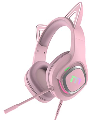 Bonitos auriculares con orejas de gato con micrófono, luz colorida, diadema ajustable, altavoz de 50 mm, auriculares para niñas, compatibles con PS, Xbox One, Nintendo Switch, PC, portátil (rosa)