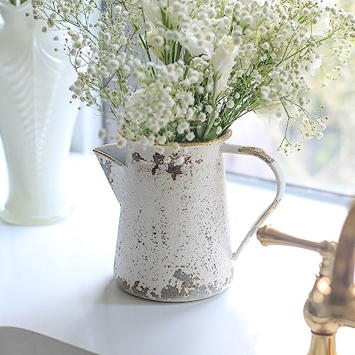 Z² BellaDecor Vintage Krug Vase Rustikale Bauernhaus Vase für Blumen Vintage Metall Milchkännchen Kleiner Dekorativer Krug Shabby Chic Dekor für Zuhause, Küche, Bad, Weiß
