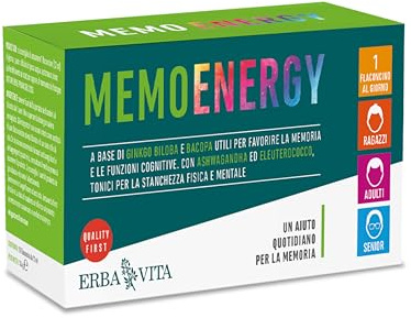 ERBA VITA Memo Energy Flaconcini integratore alimentare a base di Ginkgo Biloba e Bacopa utili per favorire la memoria e funzioni congnitive - Formato 10 Flaconcini