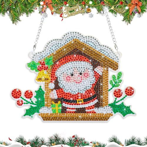 MWOOT DIY Christmas Diamond Art Painting Pendant, Santa Claus 5D Rhinestone Painting Hanging Ornaments with Chain, Xmas Full Drill Beads Art Pendant Kit for Beginners Door Wall Window Tree Decoration
