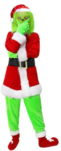 Claofoc Weihnachtsmann Kostüm für Kinder Jungen 7 Teiliges Grün Großes Monster Kostüm Halloween Christmas Cosplay Anzug Outfits (S)