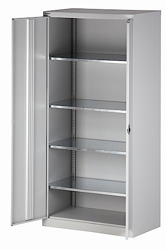 BISLEY Universal Flügeltürenschrank abschließbar - Stahlschrank mit 3-Punkt-Schloss, Tiefe: 50 cm - Werkstattschrank aus Metall mit 4 verzinkten Fachböden für 5 Reihen - Farbe: lichtgrau/anthrazit