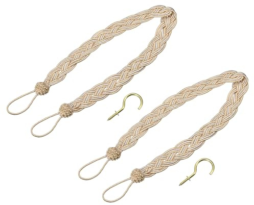QUARKZMAN 2 Piezas de Abrazaderas para Cortinas, 58cm/23 Cordón Decorativo para Sujetar Cortinas con 2 Ganchos de Metal, Color Beige/Plata