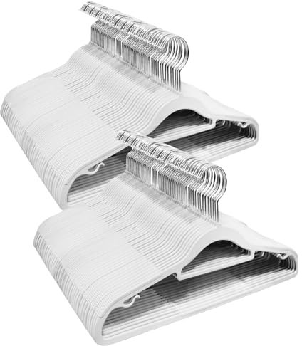 ABHENG 100 Stück Kleiderbügel, Rutschfester Kunststoffbügel, Platzsparender Bügel, 360° Drehbarer Haken, Dicke 0,5 cm, 42 cm lang, für Mäntel, Kleider, Hemden, Weiß + Silber, APY03100W