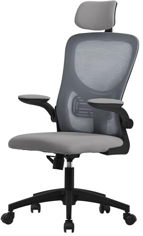 ML-Design ergonomisk kontorsstol, grå, tillverkad av mesh, skrivbordsstol med justerbart nackstöd, armstöd, svankstöd, datorstol med gungfunktion, 360° snurrbar stol med hjul, gamingstol