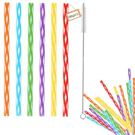 YHUIKXIN 96 Stück Wiederverwendbare Strohhalme Bunt Hart Plastik Trinkhalme mit 2 Reinigungsbürste für Party Geschirr, Saft, Cocktail, Heißgetränk