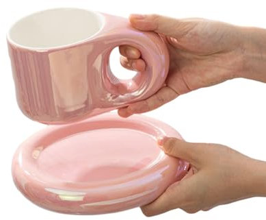 CAPIJIONG Juego de taza de café y plato de cerámica coreana de 300 ml, taza de cerámica para té de la tarde para el hogar, color rosa